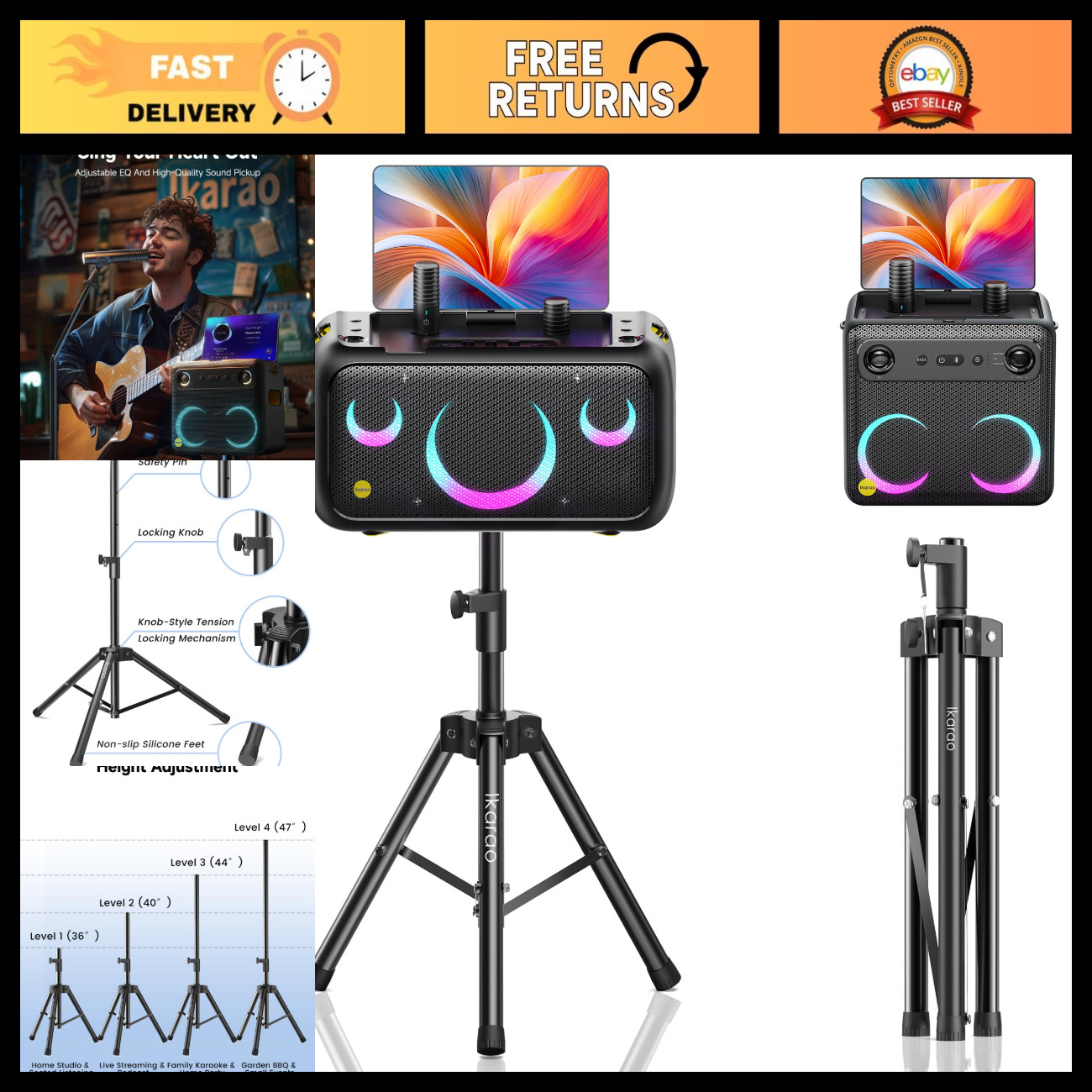 Adjustable Height Speaker Stand 36"-47", Heavy Duty Carbon Steel Tripod for PA D