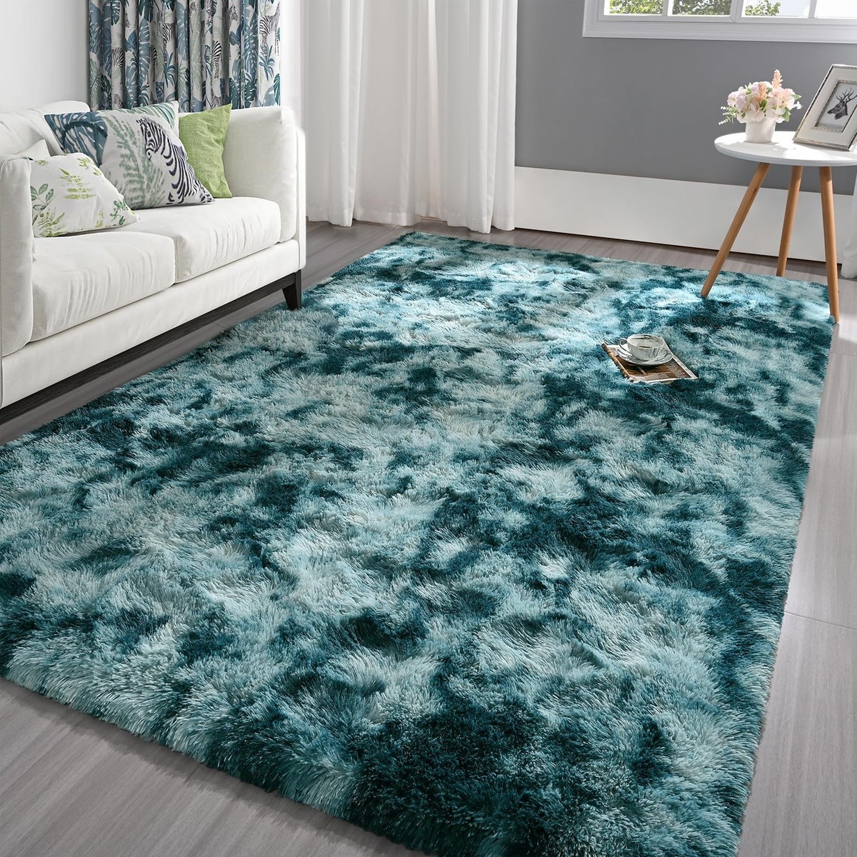 Pettop Fluffy Tie-Dye Peacock Blue Rug for Bedroom Living Room