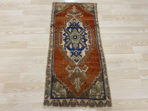 Antique Turkish Rug 1.3x2.9 ft Vintage Rust Orange Blue Tribal Carpet Boho Mat