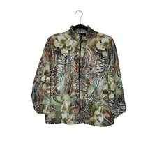 Toni Morgan Animal Print Jacket Womens L Zip Up Floral Stretch Shiny Art To Wear