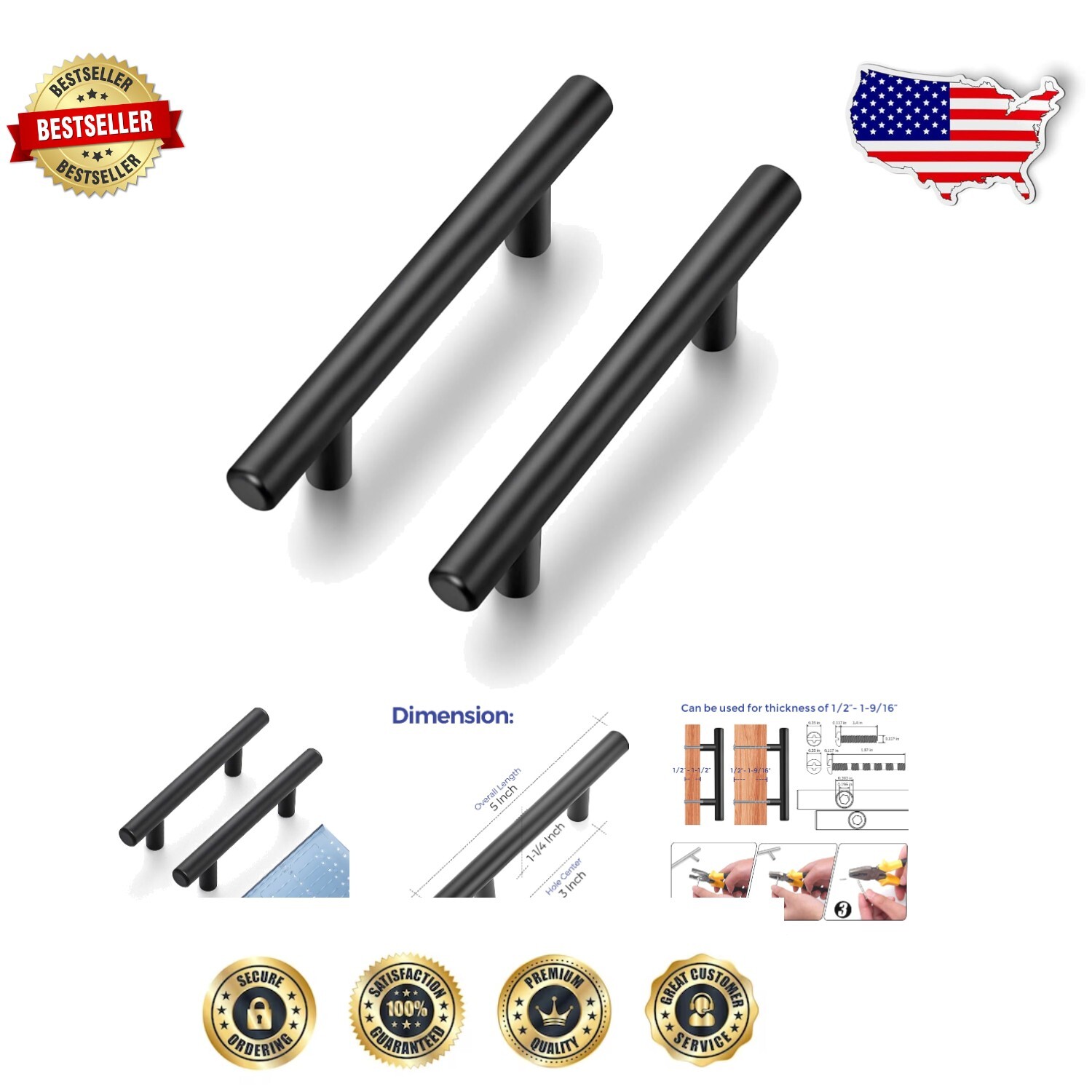 Versatile 50 Pack - Matte Black Stainless Steel Cabinet Pulls, 5” Length