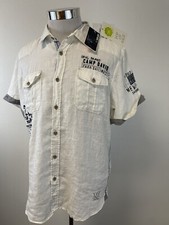 Camp David Shirt Mens Medium Button Up 100 Linen Embroidered White N178