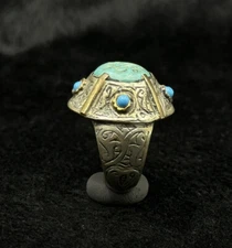 Old Wonderful Islamic Sliver Plated Ring With Islamic Writing On Turquoise Stone
