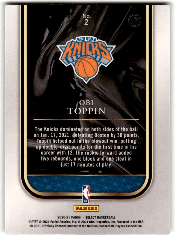 2020-21 Panini Select Rookie Selections Obi Toppin Rookie #2 New York Knicks - Image 2 of 2