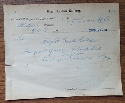 1918 Great Eastern Railway Stratford Goods Cottage Engineer s Memo
