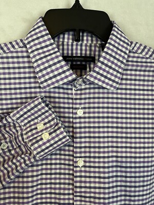 John Varvatos USA Shirt Men 16 1/2 Purple White Checked Regular Fit CottonPreppy