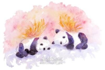 Engel Pandas Jungen Illustration süßes Original Aquarell Gemälde Andi J Lucas