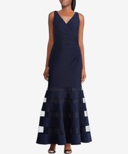 Lauren Ralph Lauren Women's Tulle Panel Jersey Gown Color Navy Size 2 New