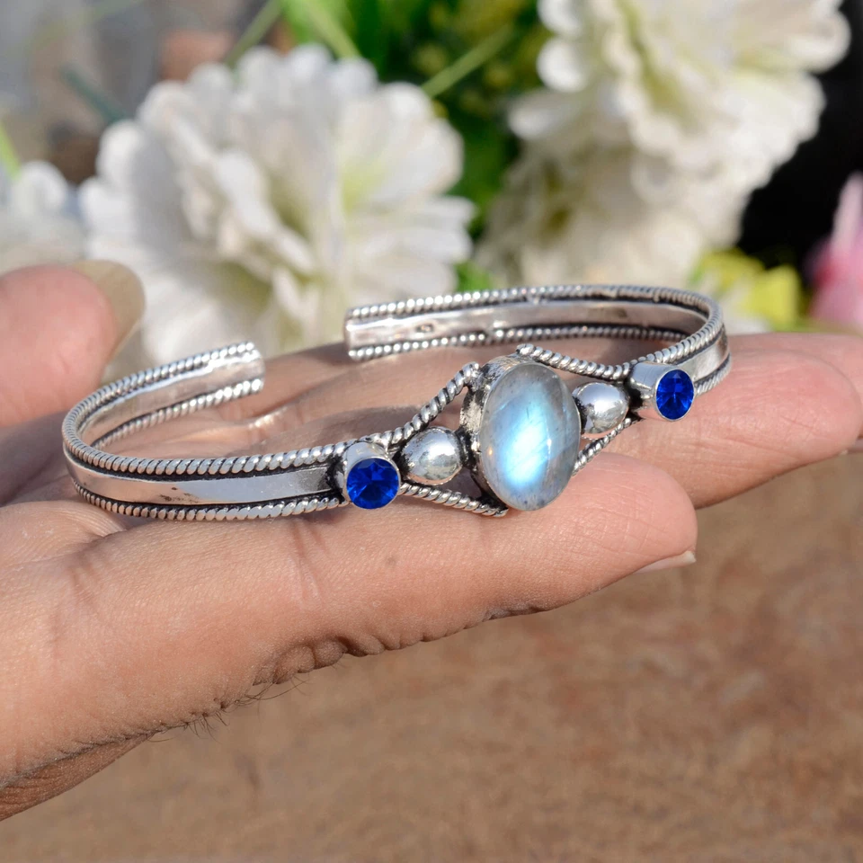 Labradorite & Tanzanite Gemstone 925 Sterling Silver Cuff Bangle For Festival - Image 4 of 4