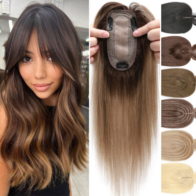 US 100% Human Hair Women Topper Hairpiece Clip In Mono Silk Base Top Wigs Toupee