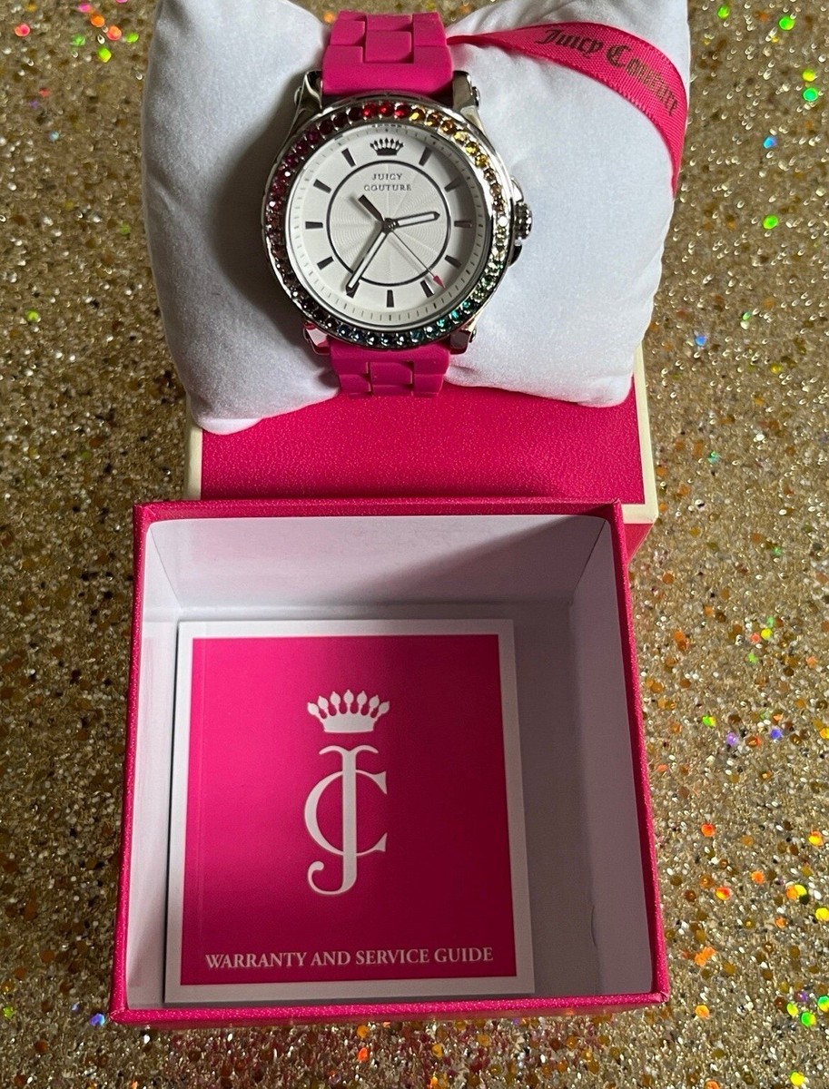 Juicy Couture Watch With Pink Silicone Band And Rainbow Pave 