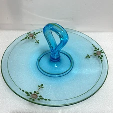Blue Glass Tidbit Tray Painted Flower Accents Sandwich Serving Dish Vintage 10.5