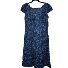 Alex Evenings Navy Blue Floral Lace Sequin Rosette Embellished Midi Dress Size 8