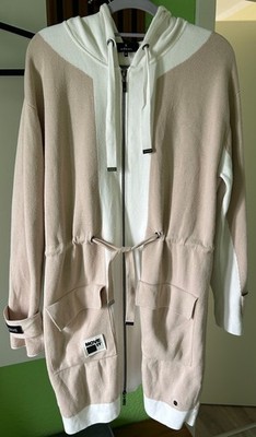 Lange Damen Kapuzenjacke Beige-Weiß mit Reißverschluss von Monari