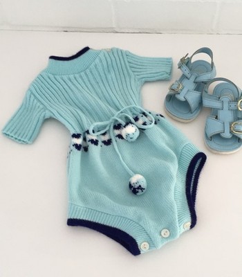 Marshall Fields Baby Boy Aqua Short Sleeve Spring Easter Sweater Romper 6-9M