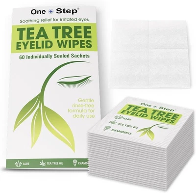 One Step Tea Tree Oil Eyelid Wipes, 60 Sachets, Natural, Aloe Chamomile Daily