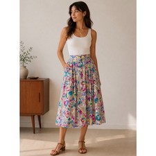 Vintage 80s Esprit Painterly Pleated Button Front Midi Skirt Juniors 3/4 XXS