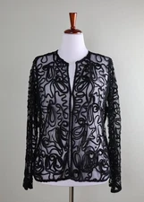 LAURA ASHLEY Black Vintage Sheer Mesh Beaded Lace Jacket Top Size Large