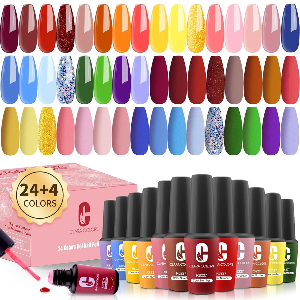 28Pcs Gel Nail Polish Kit, 24 Colors Orange Yellow Red Green Nude