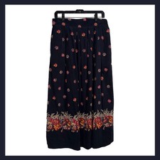 Vintage Herman Geist Floral Corduroy Skirt Navy Border Print 80s 90s Size 14