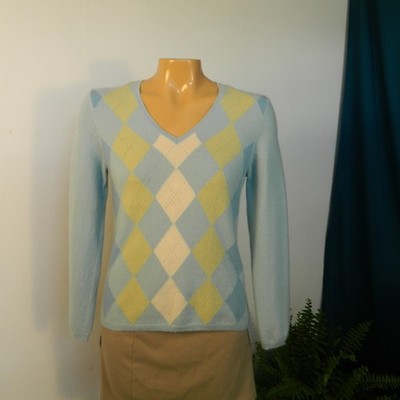 Charter Club 100% Cashmere Sweater Women Medium Blue Argyle  V-Neck Long Sleeve