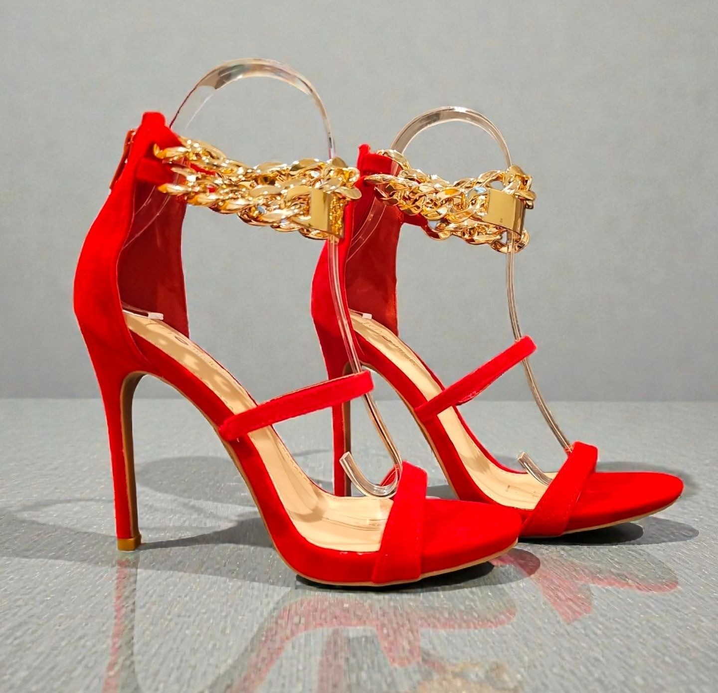 Red High Heel Sandals With Gold Chain Ankle Strap