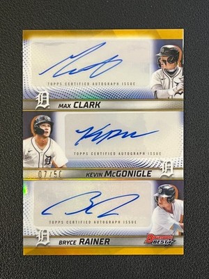 Max Clark Kevin McGonigle Bryce Rainer 2025 Bowman's Best Triple Auto Gold 07/50