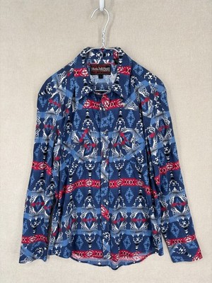 Rock & Roll Cowboy Shirt Mens L Blue Nordic Pearl Snap Western Hipster Pocket