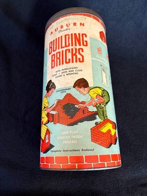 Vintage Auburn Building Brick Play Set, original can container. Very nice cond.