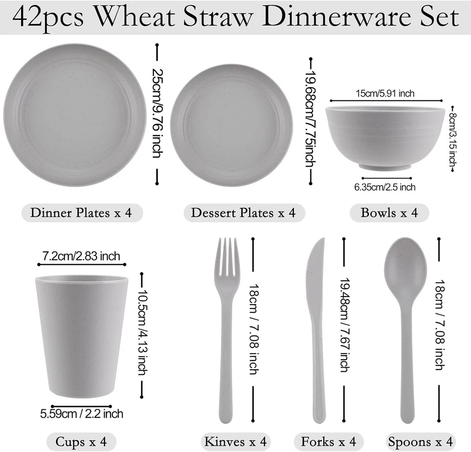 42-Piece Wheat Straw Dinnerware Set, Unbreakable Plates and Bowls, Grey - Image 2 of 4