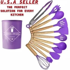 12-Pcs Kitchen Silicone Utensils Set with Heat Resist Wooden Handle Purple
