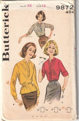 Butterick 9872 Pattern Pullover Blouse or Front Button Size 12 Complete Cut 1960 - Picture 2 of 4