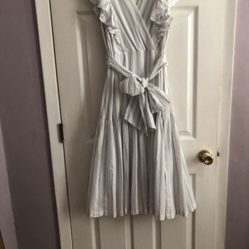 Rebecca Taylor Blue White Stripe Ruffled Tie Waist Cotton Midi Tiered Dress 12 - Picture 3 of 10