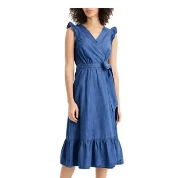 Vestido midi J.Crew Grand Lily feminino azul cambraia envoltório boho hippie minimalista - Imagem 2 de 4