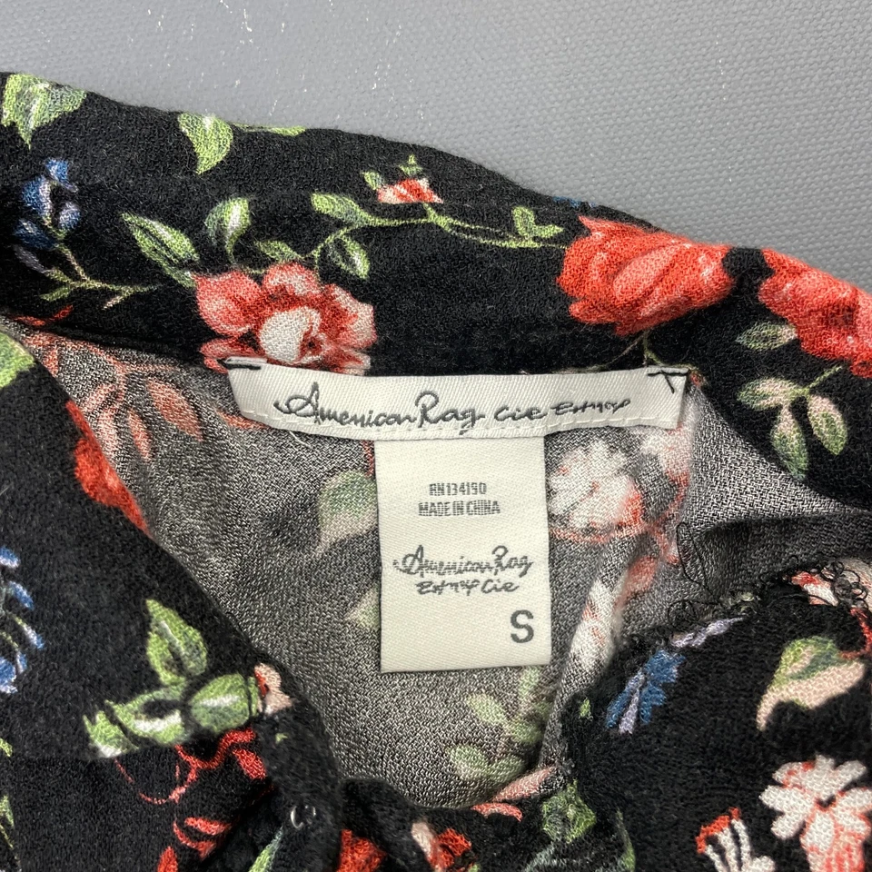 Blusa American Rag Para Mujer Pequeña Negra Floral Transparente Boho Campesina Corbata Cintura Top Foto 3 de 4