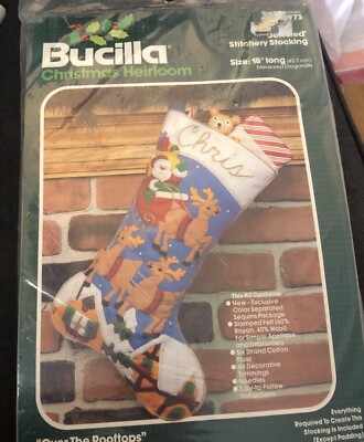 Bucilla Jeweled Felt Stocking Kit Over The Rooftops 48973 Santa Sleigh Reindeer
