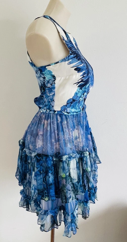 ROBERTO CAVALLI Vestido Azul Estampado Floral Seda Satén Gasa Volantes Cremallera Talla 38-XS Foto 4 de 4