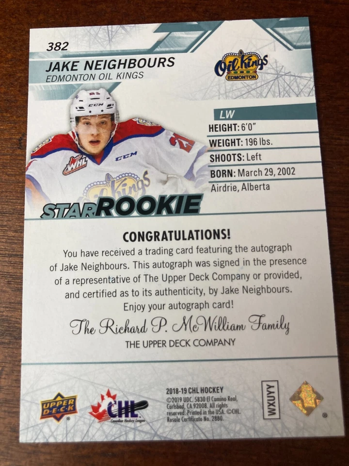 2018-19 Upper Deck CHL Star Rookies Auto Jake Neighbours Auto - Image 2 of 2