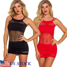 Women Mesh Lingerie Fishnet Mini Dress Hollow Out Babydoll Bodysuit Sleepwear US