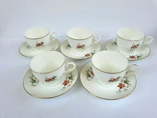 Porcelain Coffee/Tea Cups & Saucers, Hand Painted, Set of 5, Bulgarian, 1950's