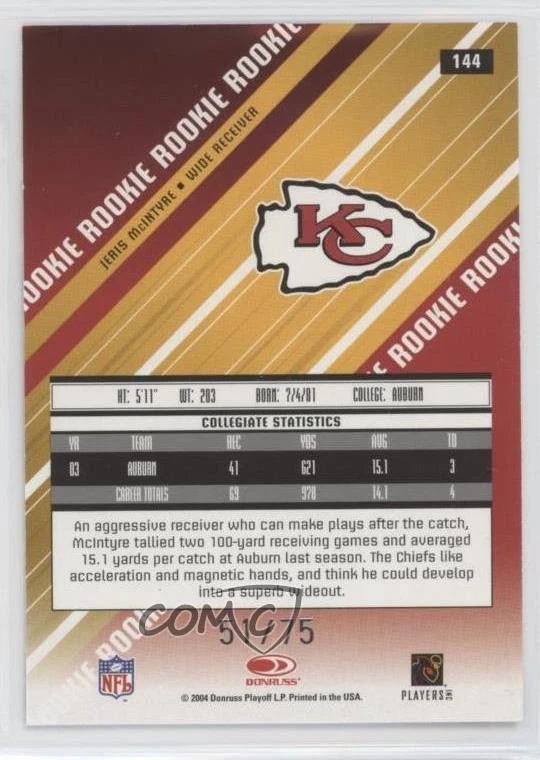 2004 Leaf Rookies & Stars Rookie True Blue /75 Jeris McIntyre #144 RC - Image 2 of 2