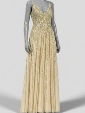 Mac Duggal Women's Yellow Sequined Wrap Over Sleeveless Gown Dress Size 16