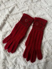 Vintage Red Beaded Knit Gloves with Scalloped Cuffs Handmade
