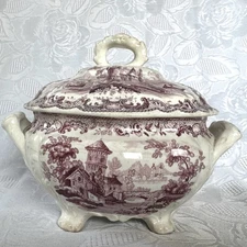 C. 1835 Staffordshire Castle Pattern Mulberry Transferware Sauce Tureen Gravy