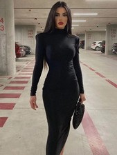 Turtleneck Long Sleeves Black Sexy Bodycon Maxi Dress Fall Clothes Streetwear