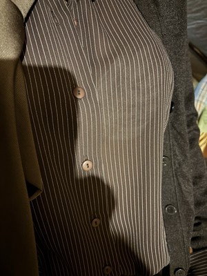Women s Rena Rowan By Seville Brown Pinstriped Blouse 8P