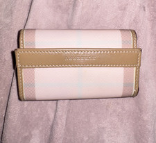 Burberry Beige/Pink Plaid Leather Key Case Holder 6 Hooks Snap Closure