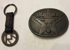 Vintage 1987 Solid Brass Marlboro Belt Buckle And Brass Marlboro Brand Keychain