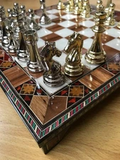 Mosaic Inlay Luxury Chess Set Heavy Metal Pieces | Handmade 🎁 Christmas Gift