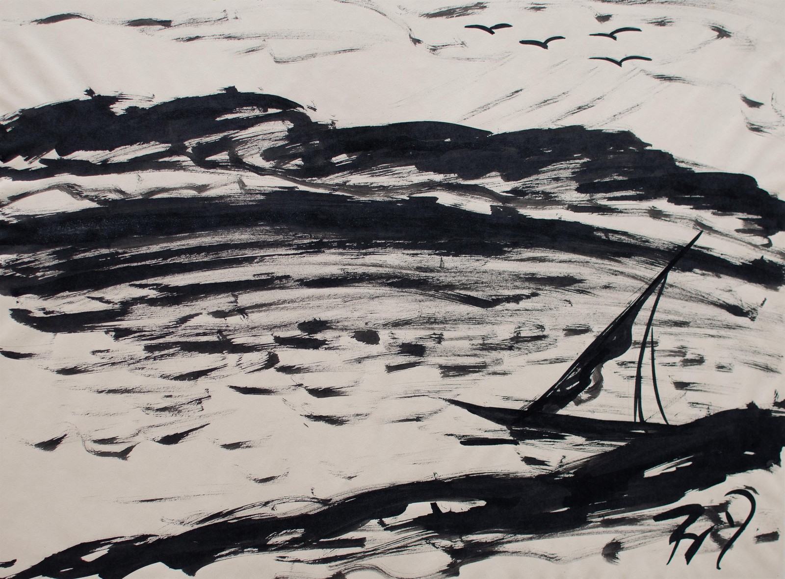 Fritz Zalisz paisaje fluvial velero expresionismo firmado dibujo años 20